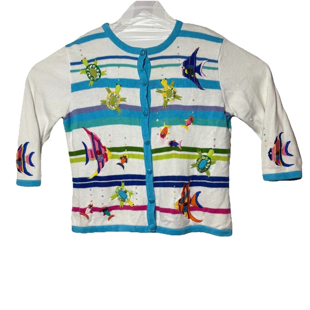 Berek 2 Sweater VTG Fish Theme Takako Sakonโ Womens M Beaded Sequins